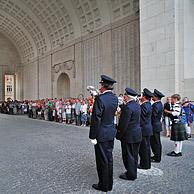 Last Post Ceremony under the Menin Gate Memorial to the Missing, a war memorial dedicated to the commemoration of British and Commonwealth soldiers who were killed in the Ypres Salient of World War I, Ypres, Belgium 